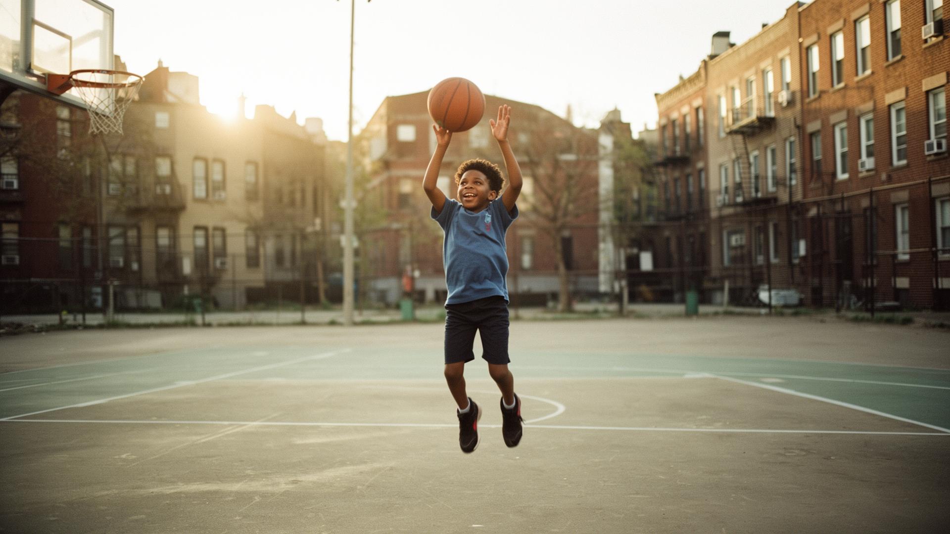 A young boy mid-jumpshot on a sunlit outdoor basketball court